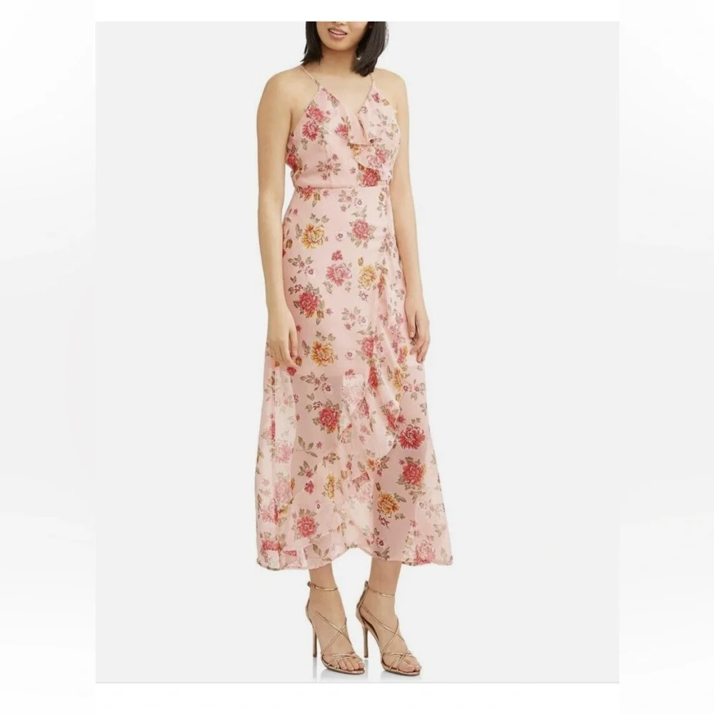 No Boundaries Junior's Floral Wrap Ruffle Empire Waist Maxi Dress Size L (11-13)